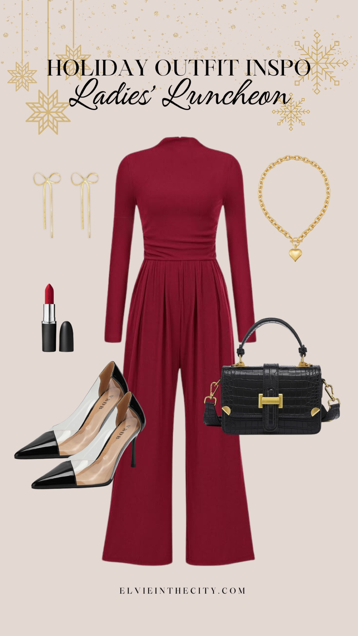 This holiday outfit inspo is perfect for your ladies’ luncheon. I’ve paired a long sleeve red jumpsuit with clear and black pointed heels, a black satchel handbag, gold bow earrings, a chunky gold necklace, and red lipstick.

Holiday outfit, Christmas outfit, holiday party, fashion over 40, ootd

#LTKParties #LTKOver40 #LTKHoliday