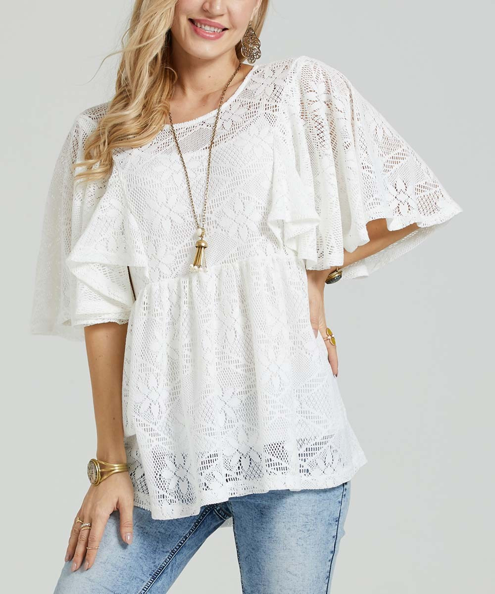 White Lace Empire-Waist Cape-Sleeve Tunic - Women & Plus | Zulily