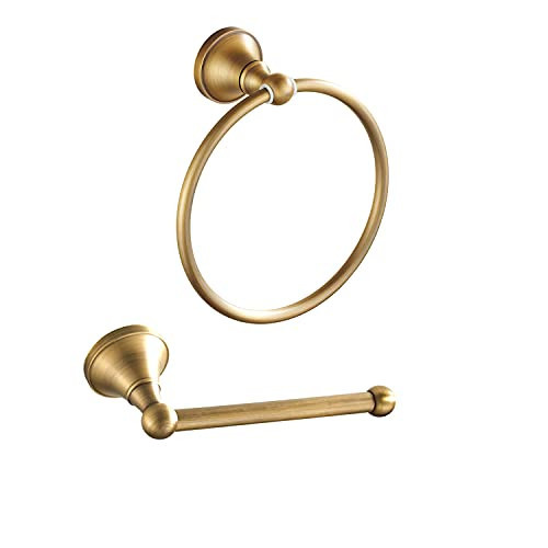 Leyden Antique Brass Toilet Paper Holder Towel Ring, Brass Hand Towel Holder Bathroom Accessories Set Retro Bathroom Hardware Tissue Toilet Roll Holder for Home or Kitchen, 2 Pieces | Amazon (US)