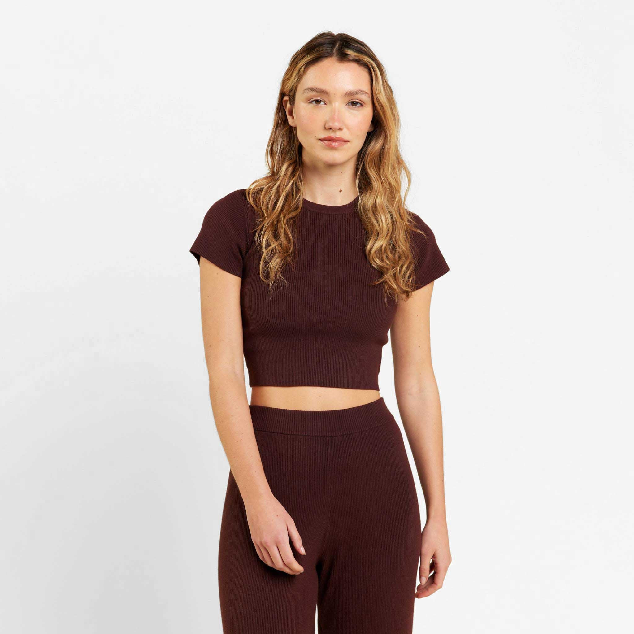 Ribbed Sweater Baby Tee | Coffee | Nuuds US