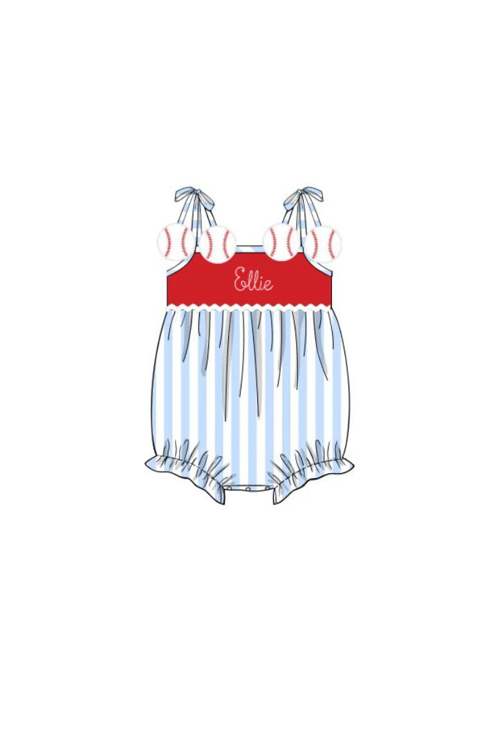 Pre-Order Applique Baseball Blue Stripe Bubble | The Smocked Flamingo