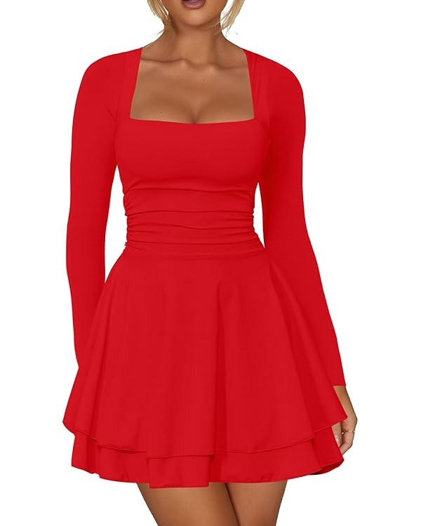 Kaximil Women's Square Neck Ruffle Hem Mini Dress Ruched Waist Long Sleeve Corset Short Party Dre... | Amazon (US)