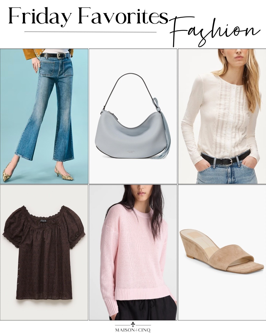 So many cute spring finds on Friday Favorites this week like flattering jeans on sale, linen sweaters, the prettiest wedges ever, pale blue handbags, and more!

Spring fashion, spring outfit, spring sweaters, wide leg jeans, cropped jeans, heels, spring bag 

#LTKOver40