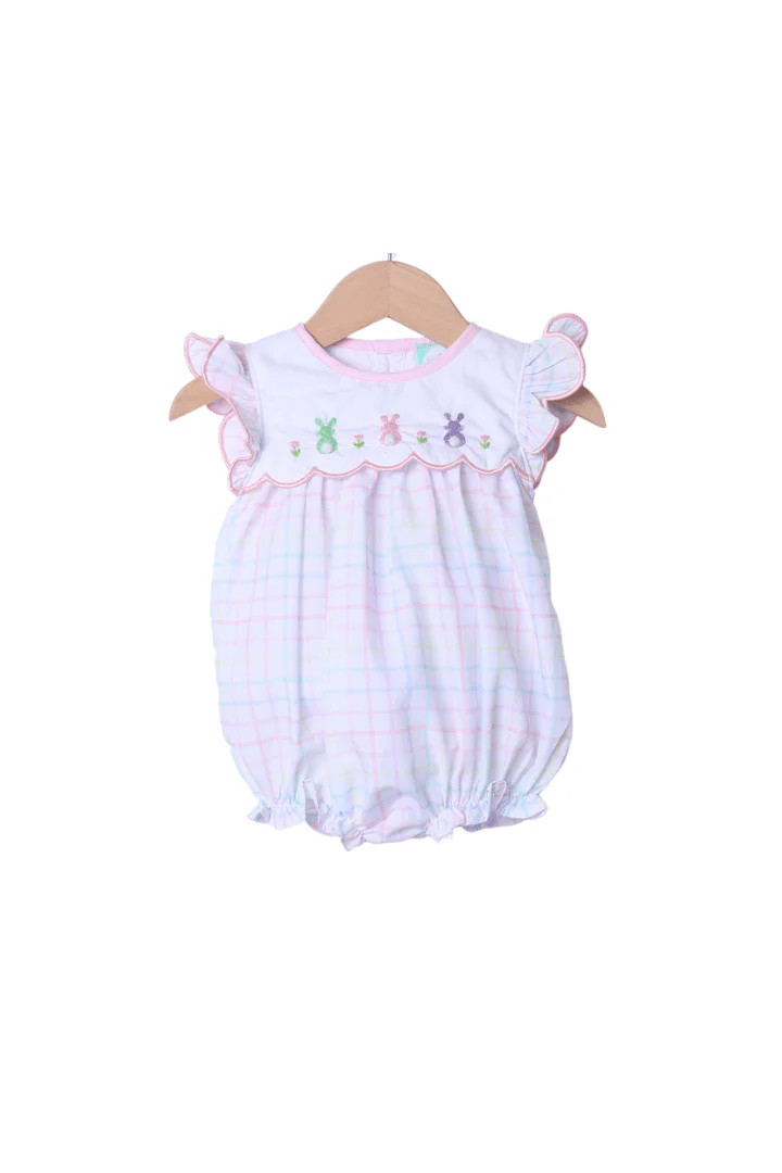 Embroidered Bunny Pastel Plaid Bubble | The Smocked Flamingo