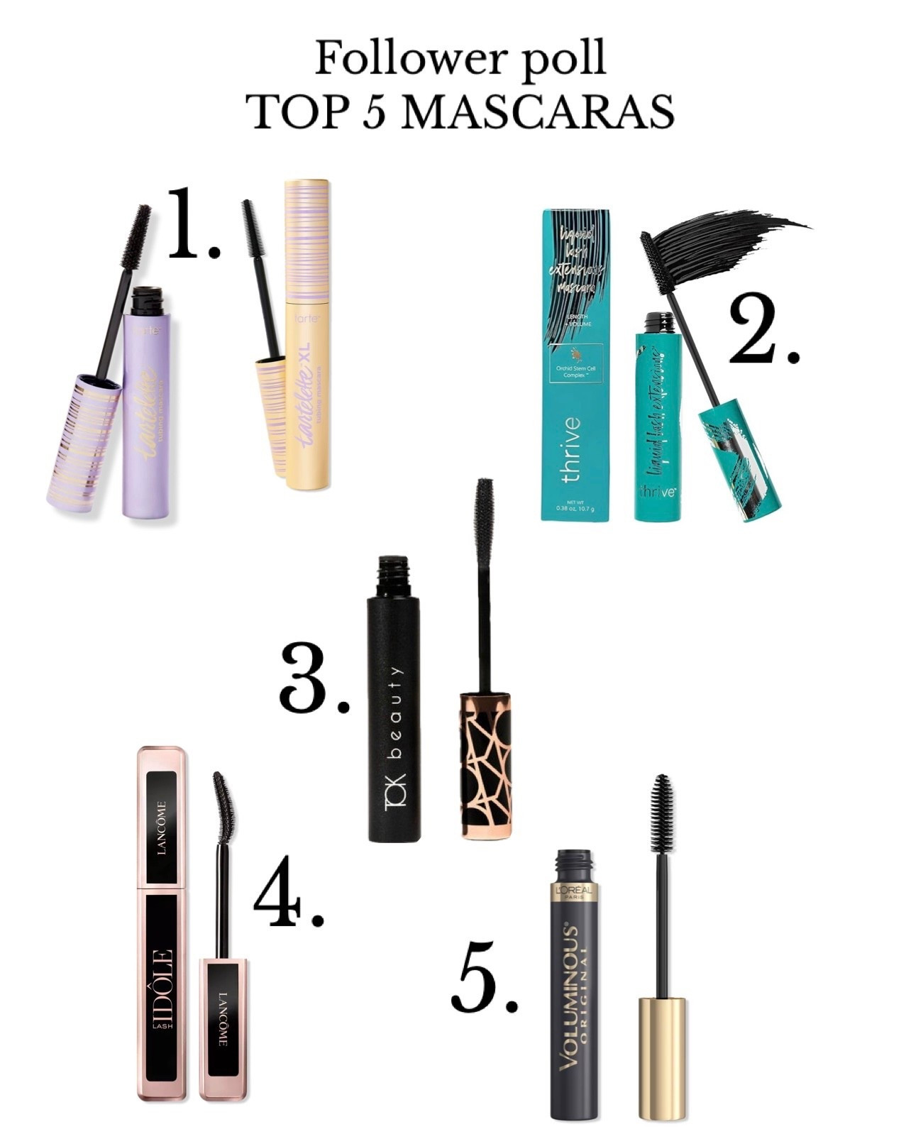 I asked my followers their fave mascaras and these were the top 5:
1. Tartelette tubing mascara
2. Thrive tubing mascara
3. TOK mascara
4. Lancôme Idole
5. L’Oréal voluminous 


#LTKFindsUnder50 #LTKgrwm #LTKBeauty