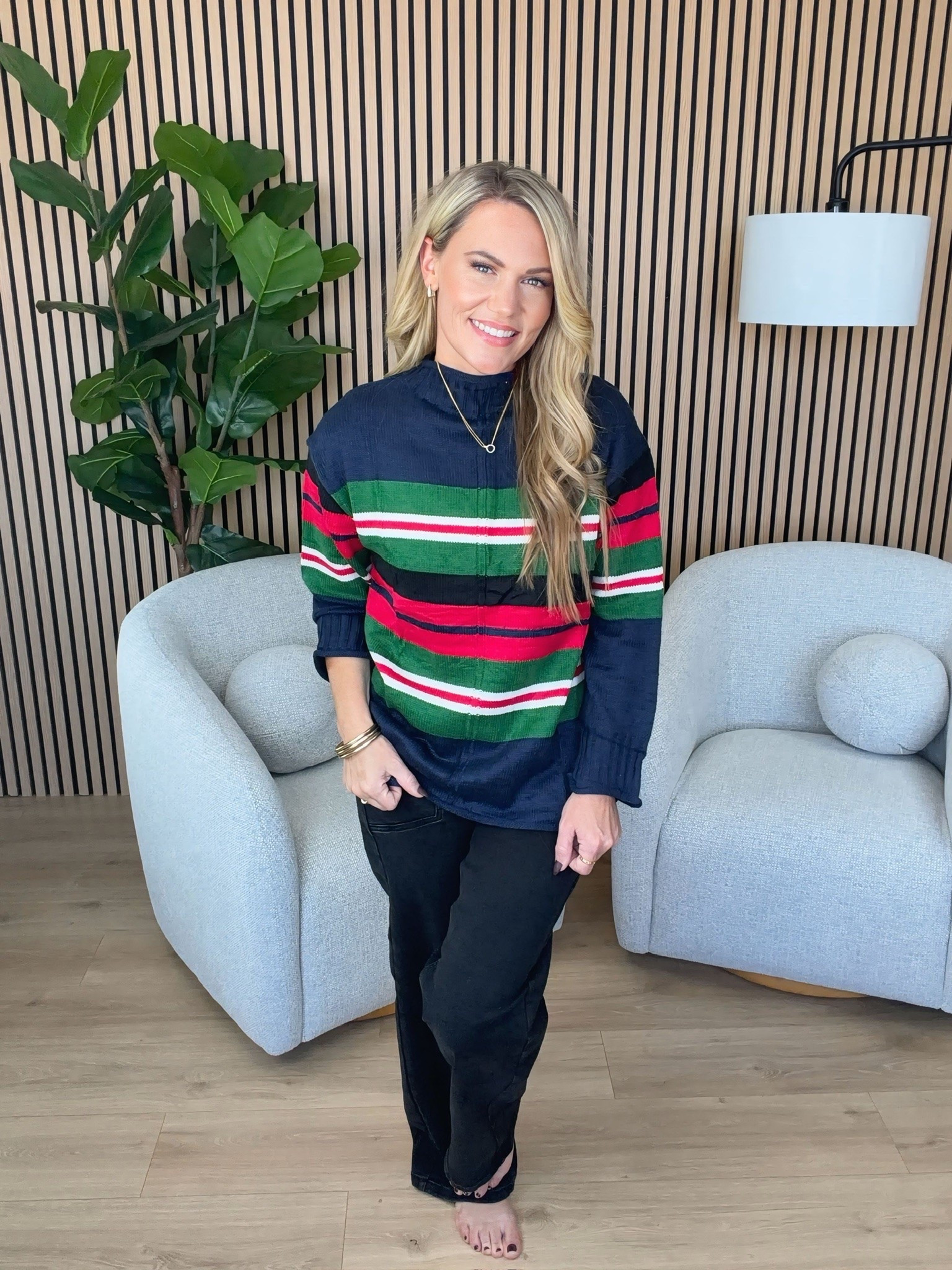 Color made the cut. That should tell you how much I like this sweater. I kept the rest simple with black jeans because once I’m this far outside my neutral comfort zone, we don’t need to get carried away.

Sizing:
Sweater: Medium
Jeans: Size 4

striped sweater, colorful fall sweater, black jeans outfit, fall outfit ideas, casual fall style, statement sweater, women’s fall fashion, black denim outfit, colorful sweater, AudrieDollins