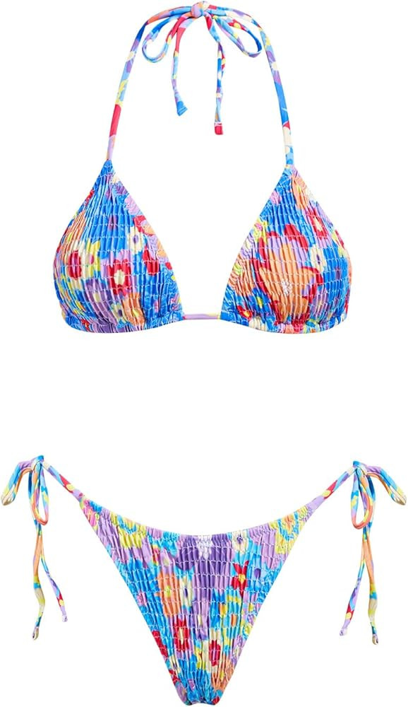 VOLAFA Women's Triangle Bikini Set String Swimsuit Print Tie Smocked Ruched Two Piece Bathing Sui... | Amazon (US)