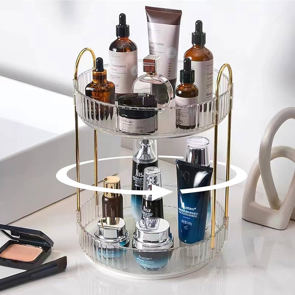 shuang qing Rotating Makeup Organizer for Vanity 2 Tier, High-Capacity Skincare Clear Make Up Sto... | Amazon (US)