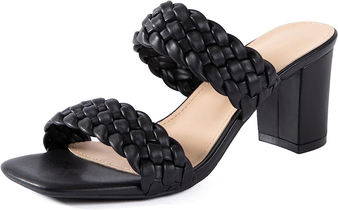 Women Heels Sandals Woven Chunky Heels Braided Nude Square Toes Leather Comfortable Strappy Dress... | Amazon (US)