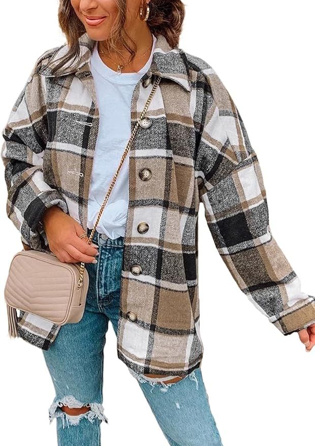 PRETTYGARDEN Women's Plaid Shirts Long Sleeve Lapel Button Down Cardigan Color Block Boyfriend Sh... | Amazon (US)