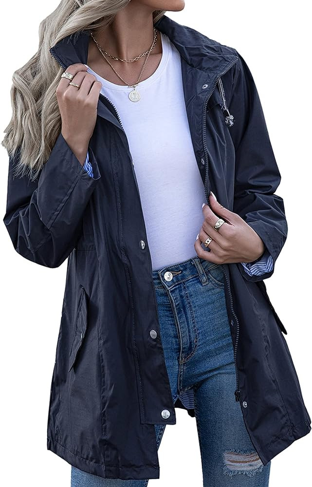 Rain Jacket Women Striped Lined Hooded Lightweight Raincoat Outdoor Waterproof Windbreaker | Amazon (US)