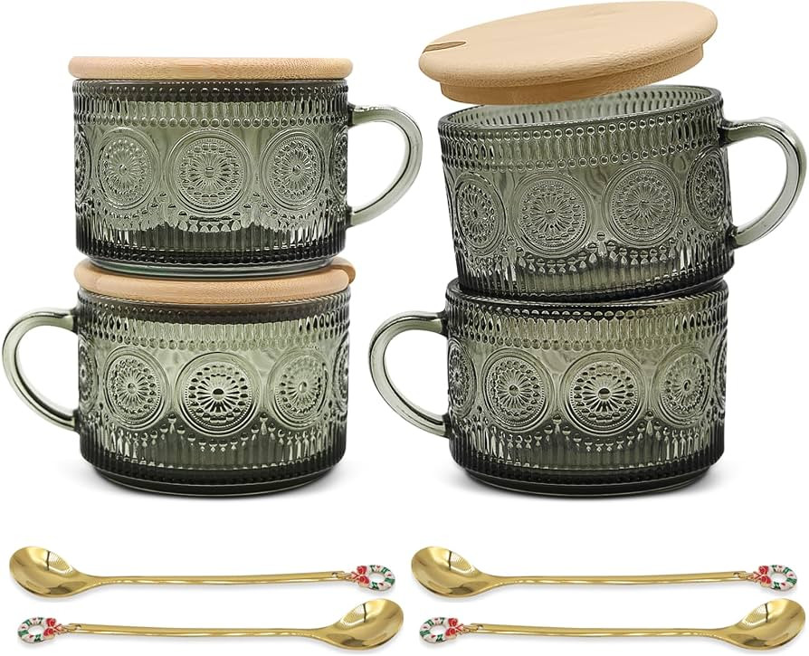 Vintage Coffee Mugs Set of 4 Green, 14 Oz Overnight Oats Containers with Bamboo Lids and Spoons, ... | Amazon (US)