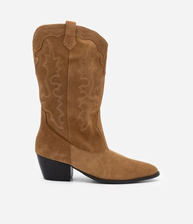 Bota Western em Couro Camurça com Bordados Marrom | Renner (BR)