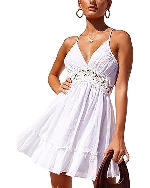 ECOWISH Womens V-Neck Spaghetti Strap Bowknot Backless Sleeveless Lace Mini Swing Skater Dress | Amazon (US)