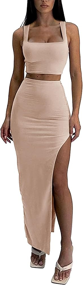 ELLEVEN Two Piece Maxi Skirt Sets for Women, Square Neck Tank Tops with High Side Slit Dress Sets... | Amazon (US)