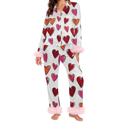 satin pajama set for women Valentines Pajamas For Women Valentine Day Outfit Cute Bow Heart Print Button Soft 2 Piece Sleepwear White | Amazon (US)