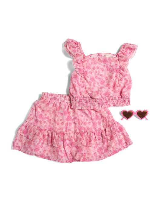 2pc Little Girls Ruffle Top And Skort Set With Sunglasses | TJ Maxx
