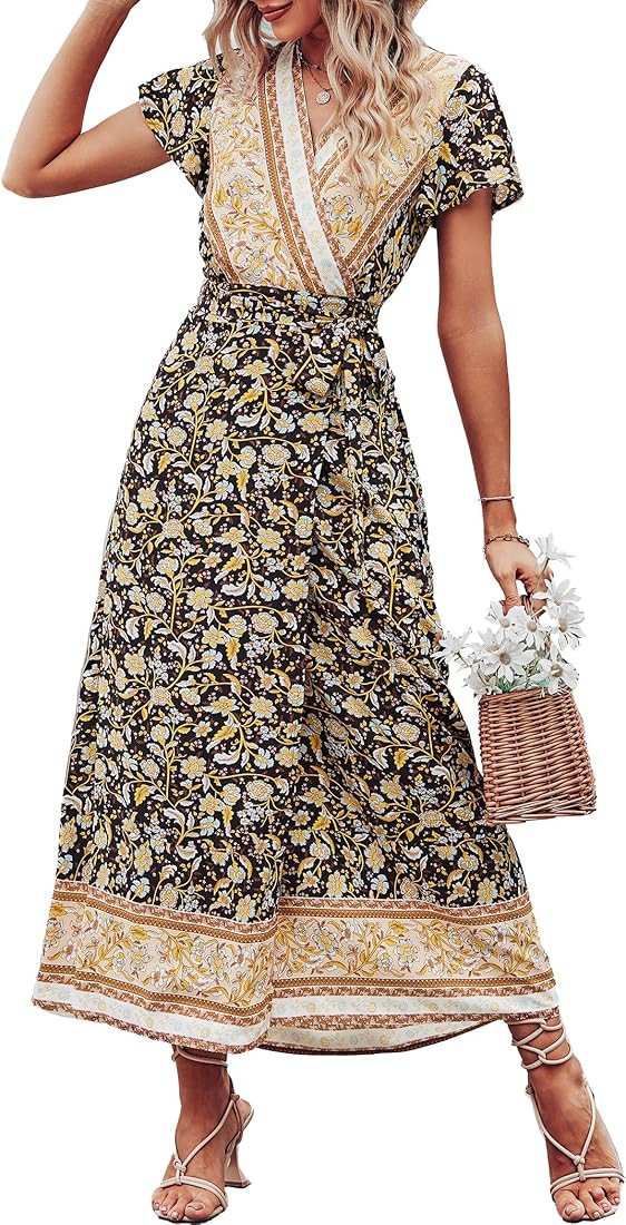 PRETTYGARDEN Women Boho Summer Side Split Deep V Neck Short Sleeves Maxi Dress with Belt | Amazon (US)