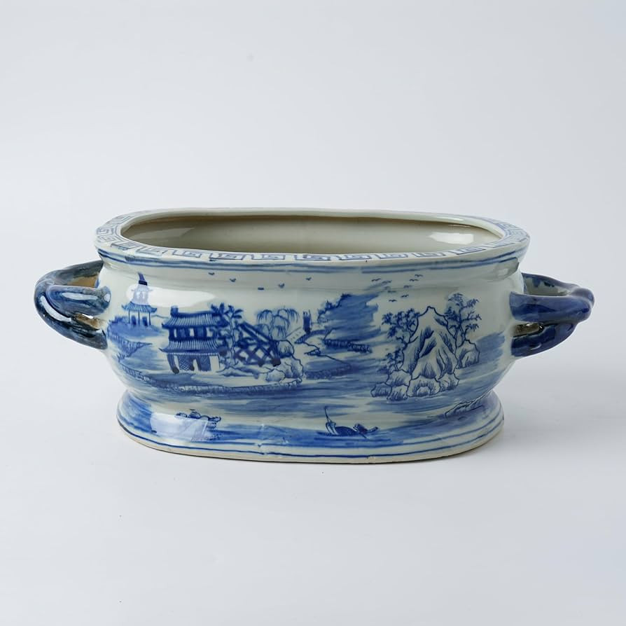 JINDEZHEN Vintage Blue and White Flower & Birds Porcelain Footbath Planter Chinoiserie Scenery Mo... | Amazon (US)