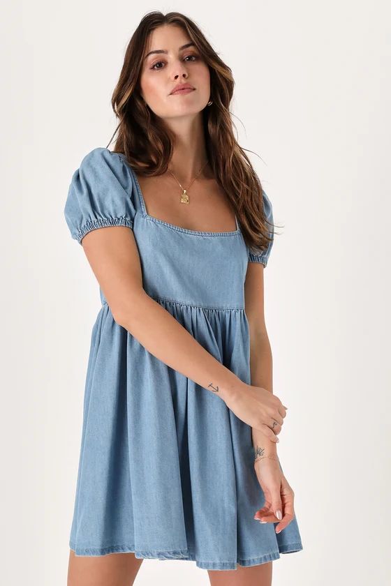 Surely Sweet Blue Chambray Puff Sleeve Tie-Back Babydoll Dress | Lulus (US)