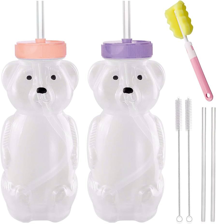 Honey Bear Straw Cups, Juice Bear Bottle Drinking Cup Long Straws with 4 Flexible Straws & Cleani... | Amazon (US)