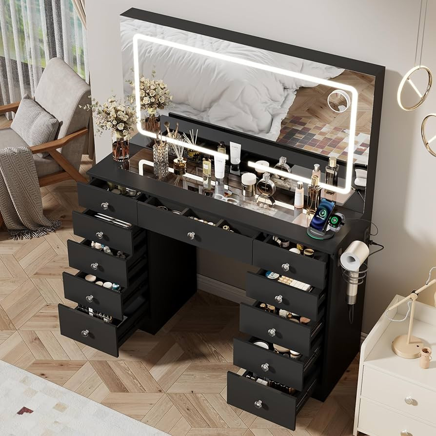 Vanity Desk with Mirror and Lights, 11 Drawers Makeup Vanity Desk with Tempered Glass top, 3 Ligh... | Amazon (US)