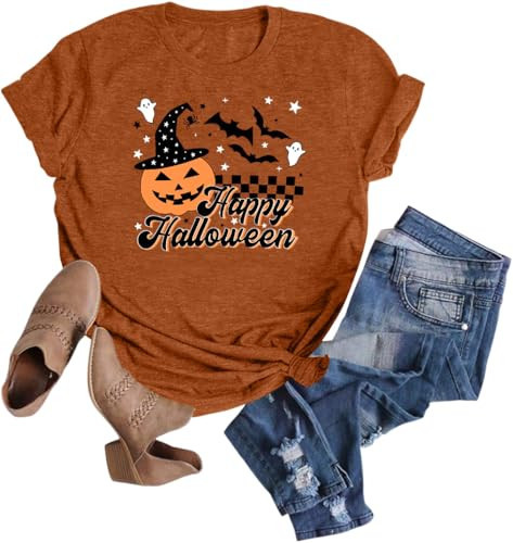 Happy Halloween Cute Graphic T Shirt Women Funny Ghost Pumpkin Short Sleeve Tops Tee(L, Brown) | Amazon (US)