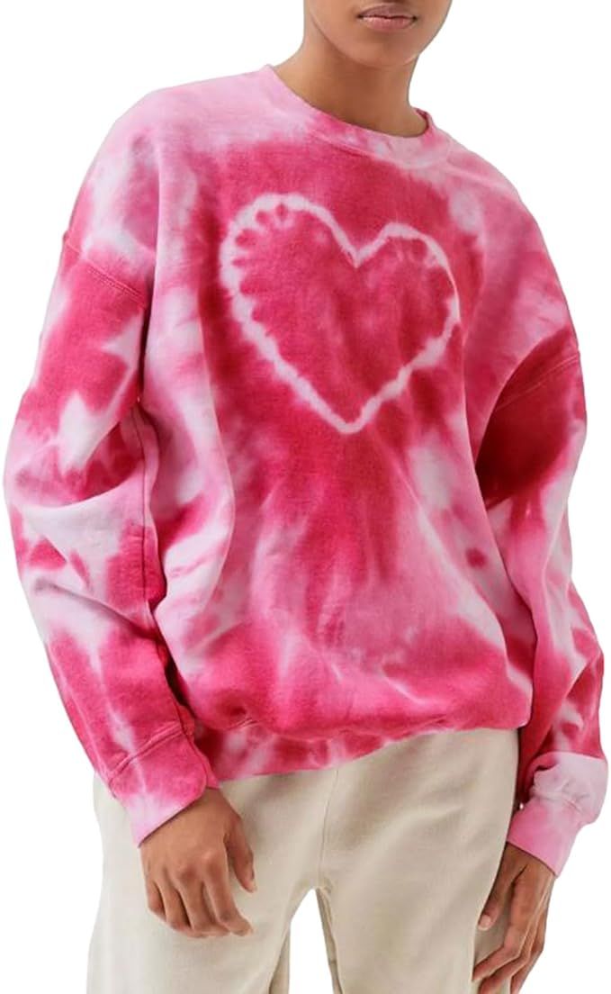 Women Y2k Oversized Sweatshirt Hoodie Crew Neck Tie Dye Love Heart Graphic Print Sweatshirt Cute ... | Amazon (US)