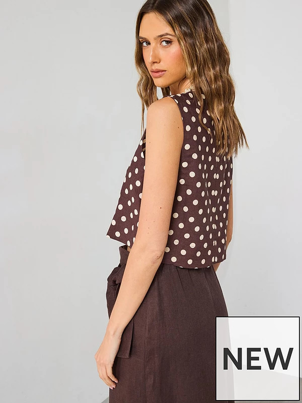 Mango Polka Dot Linen Crop Top - Brown | Very (UK)