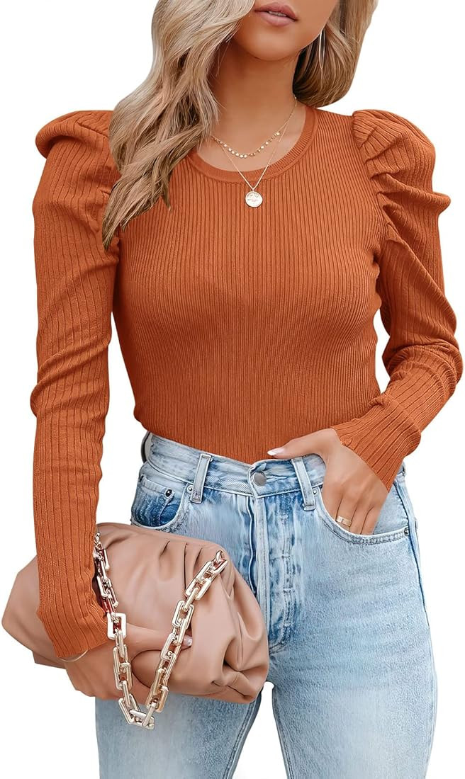 Prinbara Women's Long Puff Sleeve Crewneck Ribbed Knit Solid Sweater Pullover Top | Amazon (US)