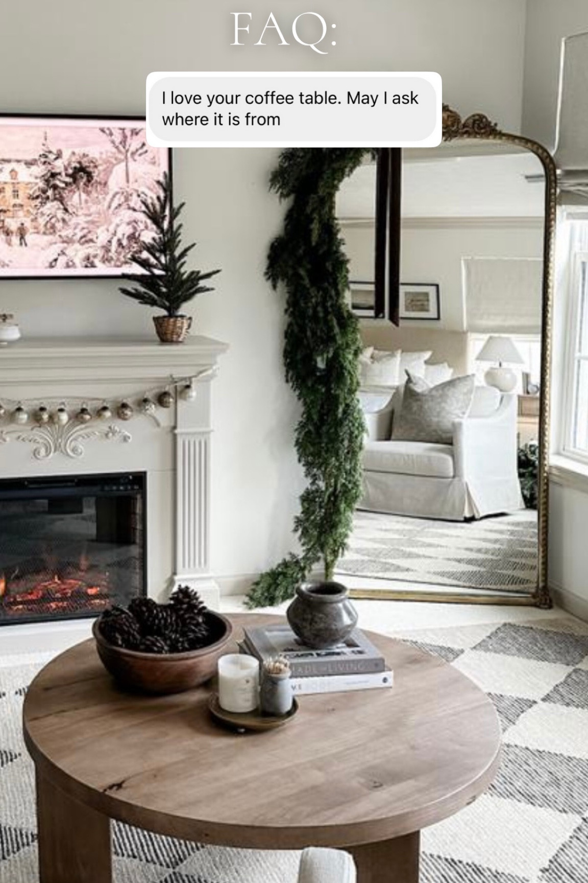 Shop my new coffee table here! It is so gorgeous and the perfect size for this space in our bedroom! I styled it in front of my fireplace with swivel chairs, checkered rug, and the primrose mirror from Anthropologie! 

#mcgeeandco

#LTKHoliday #LTKhome #LTKstyletip