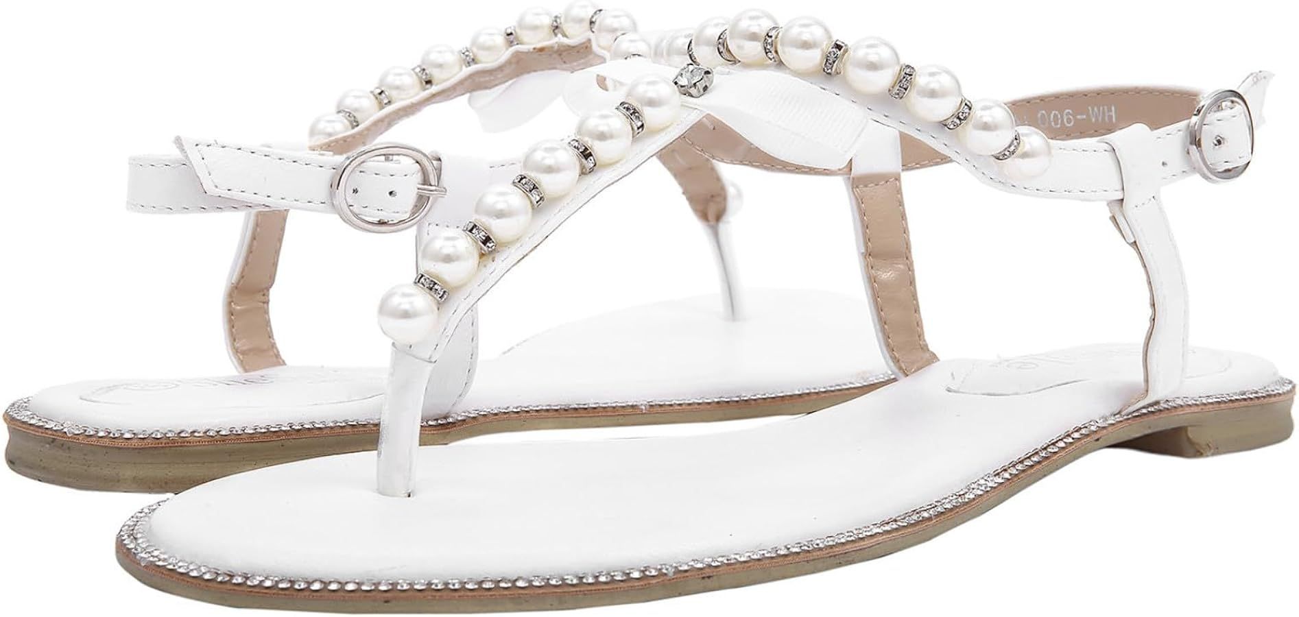 Ladies Rhinestone Pearl Sandals Ankle Strap Dress Bridal Wedding Flip Flops for Women White | Amazon (US)