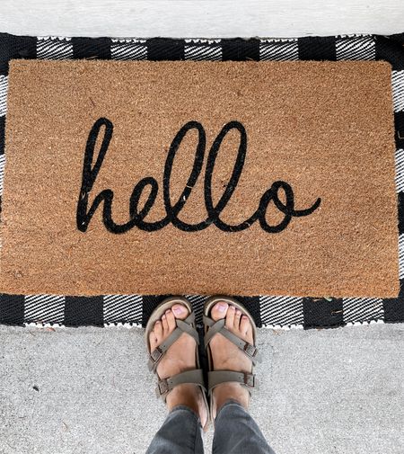 I love this new door mat from Hobby lobby for only $7.50! 
I found other similar online options if you prefer to shop online.  

Front door mat.  Layered mat.  Birkenstocks.  

#LTKSeasonal #LTKHome #LTKFindsUnder50