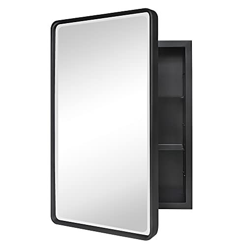 TEHOME Farmhouse Black Metal Framed Recessed Bathroom Medicine Cabinet with Mirror Rounded Rectan... | Amazon (US)