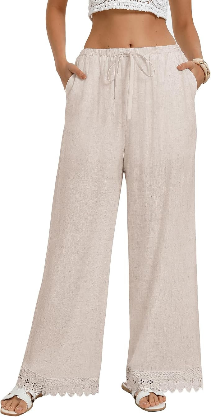 GRACE KARIN Women Linen Pants Wide Leg Casual Palazzo Pants Flowy Beach Summer Trousers Pants wit... | Amazon (US)
