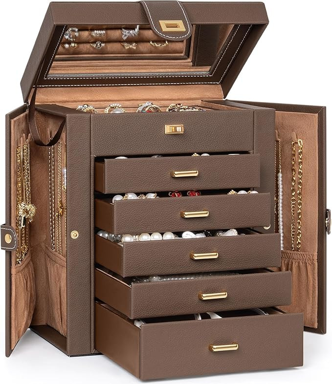 AKOZLIN 6-Tier Jewelry Box Organizer Functional 5 Drawers Leather Jewelry Storage Case for Women ... | Amazon (US)