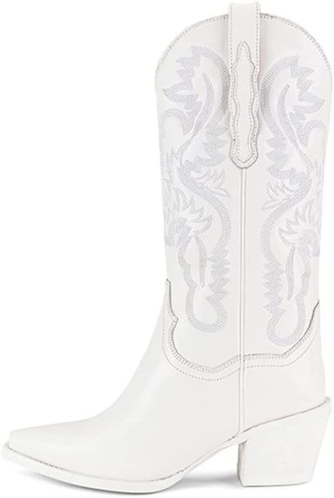 Mattiventon Cowgirl Boots for Women Vintage Embroidery Cowboy Boots Pull on Mid Calf Western Boots | Amazon (US)