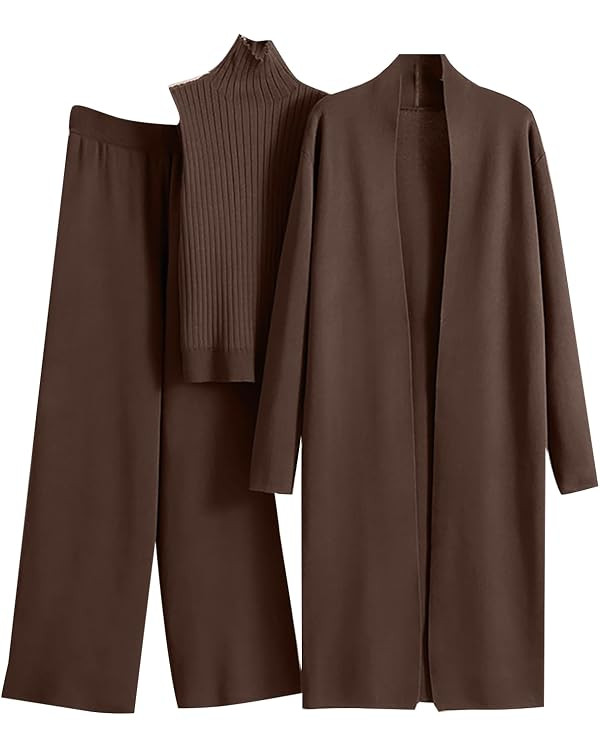Women's 3 Piece Knit Lounge Set, Long Sleeve Cardigan Sleeveless Turtleneck Tank Top and Wide Leg... | Amazon (US)