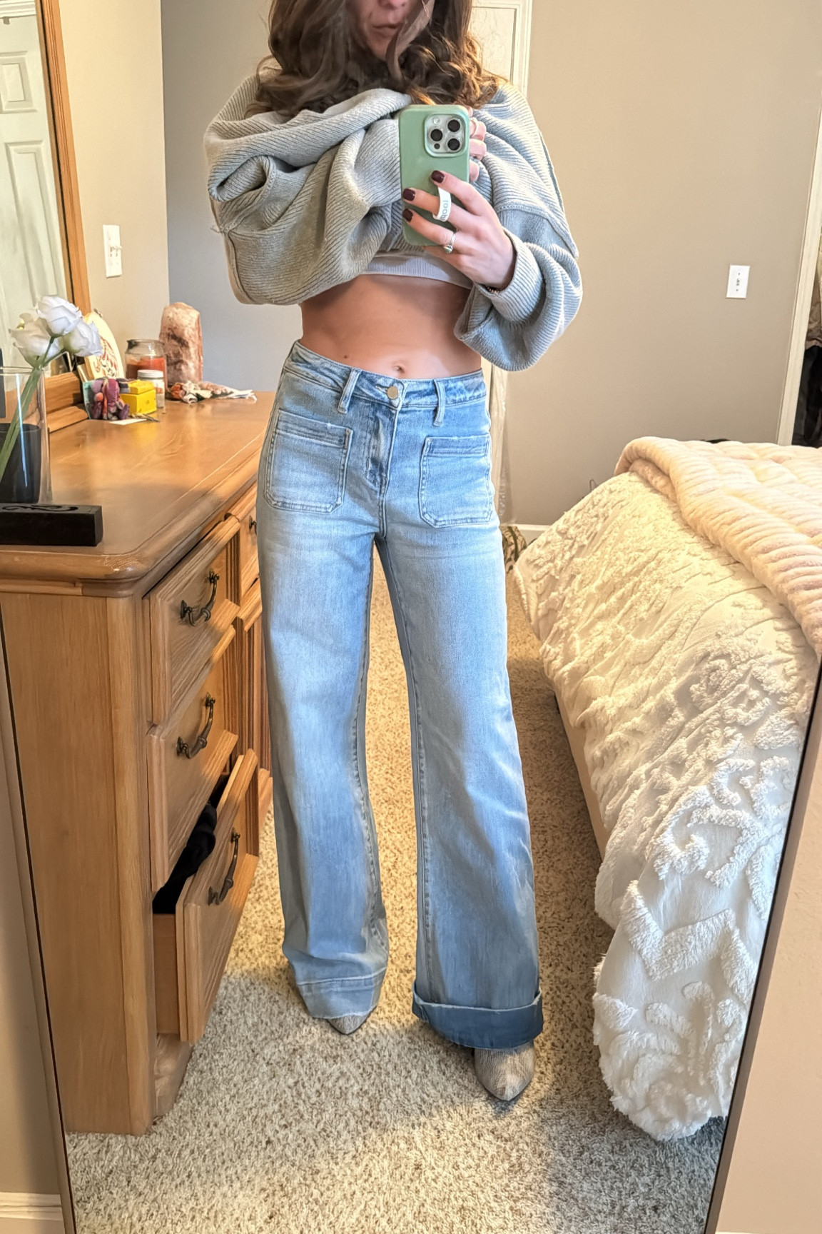 Little long for us shorties, but nothing a little alteration can’t fix! They’re super soft denim and fit so comfortably! I’m wearing a 25. 