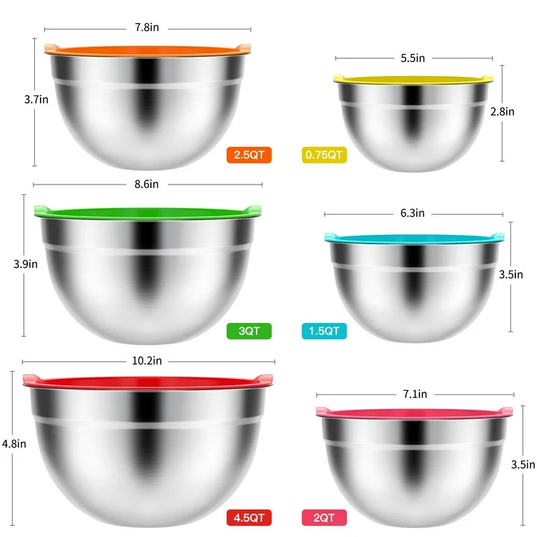 Stainless Steel Mixing Bowls Set, TINANA 6 PCS Mixing Bowls with Lids, Metal Nesting Storage Bowl... | Walmart (US)