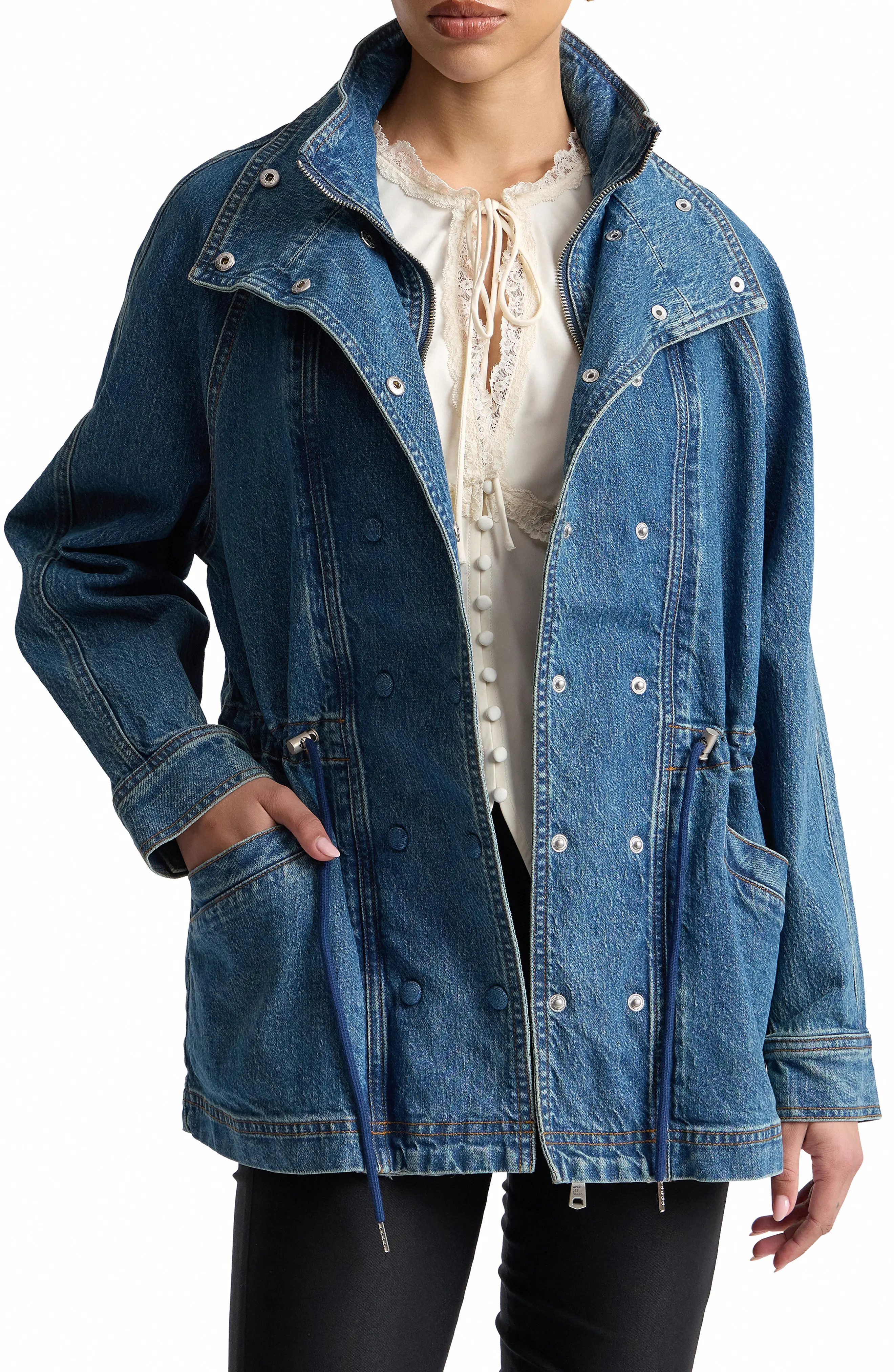 Avec Les Filles Double Breasted Stretch Denim Jacket with Bib Inset in Dusty Blue Wash at Nordstrom, Size Small | Nordstrom