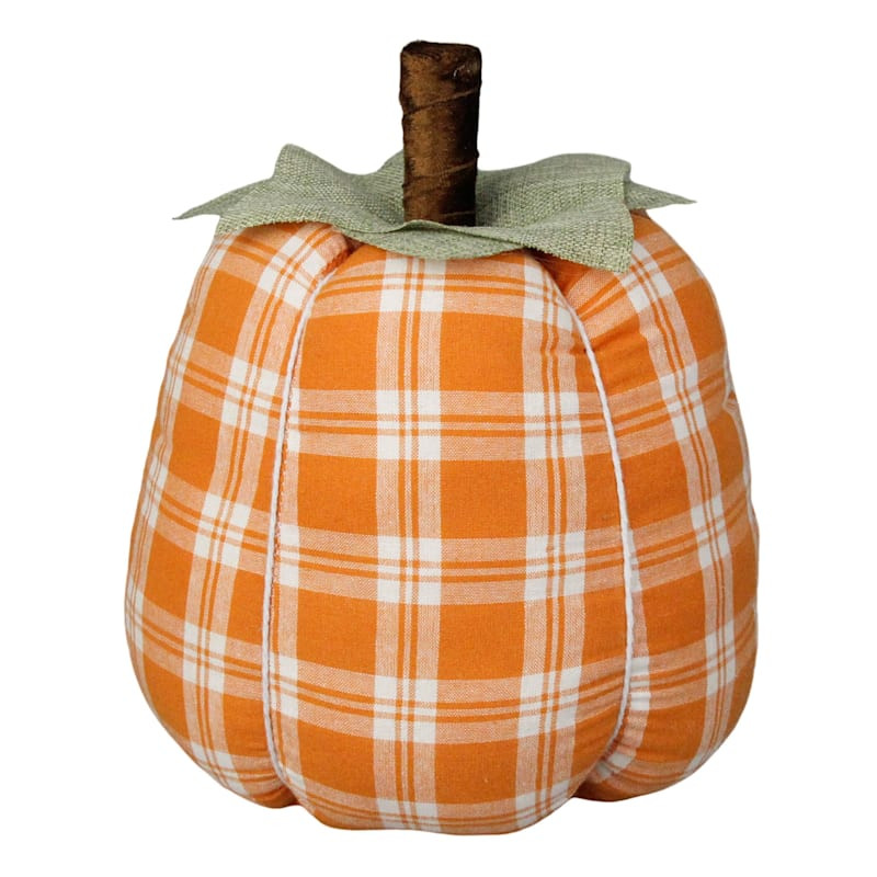 Orange Plaid Fabric Pumpkin, 9" | At Home