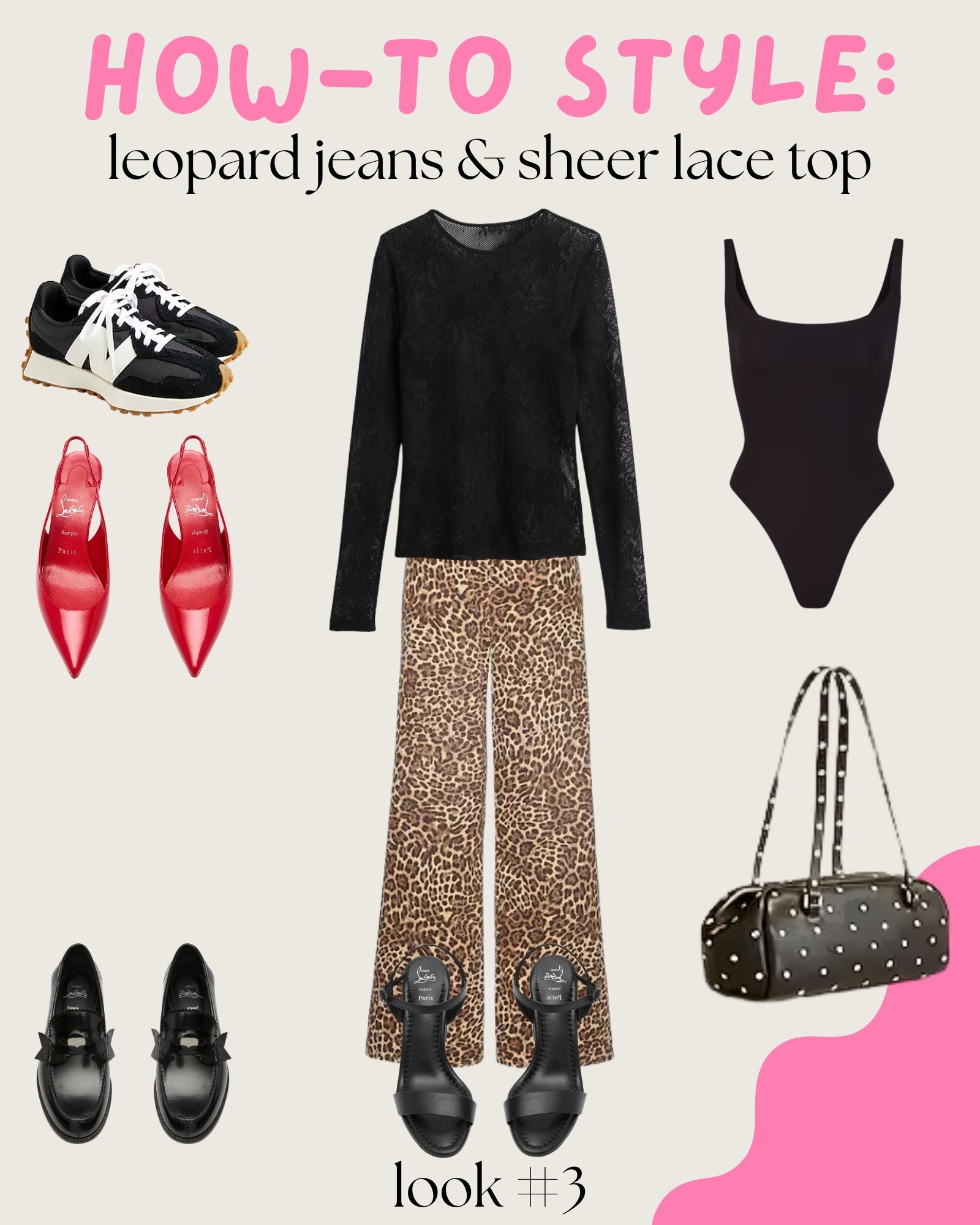 My how-to guide for styling leopard print jeans and a sheer lace top: look three 3️⃣ 

This is for my “I only wear black” friends. I think this look is stylish, sophisticated yet flirty. If you don’t have a bodysuit, I 10/10 recommend a square or scoop neck from Skimms. They are insanely comfortable!

#LTKOver40 #LTKFindsUnder100 #LTKStyleTip
