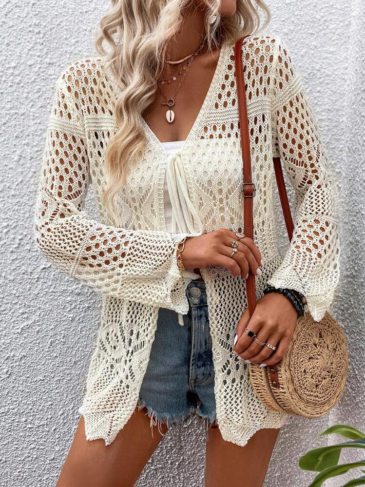 SHEIN Swim Hollow Out Tie Front Kimono,Summer Beach | SHEIN