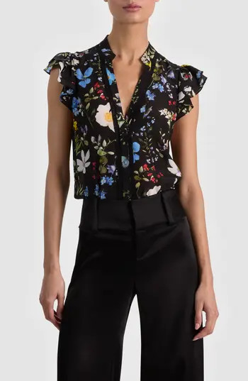 Alice + Olivia Arlette Floral Flutter Sleeve Button-Up Top in Twisting Vines Black at Nordstrom Rack, Size Medium | Nordstrom Rack