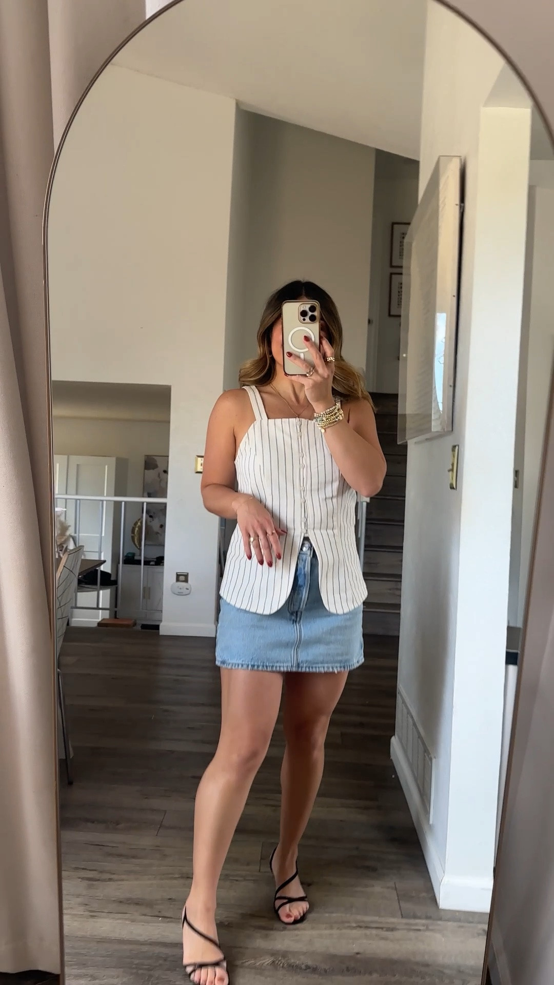 This Levi’s denim skirt is on repeat! It’s truly such a fun, chic and easy piece to style! I highly recommend it! 
Top is from Target. Size XS
Skirt size 25

#LTKootd #LTKPetite #LTKSeasonal