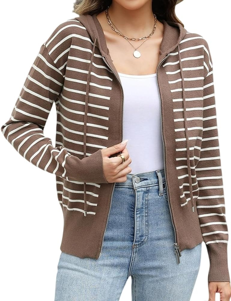 CiCiBird Women’s Striped Cardigan Sweater Lightweight Zip Up Hoodie Cardigans Fall Casual Long ... | Amazon (US)