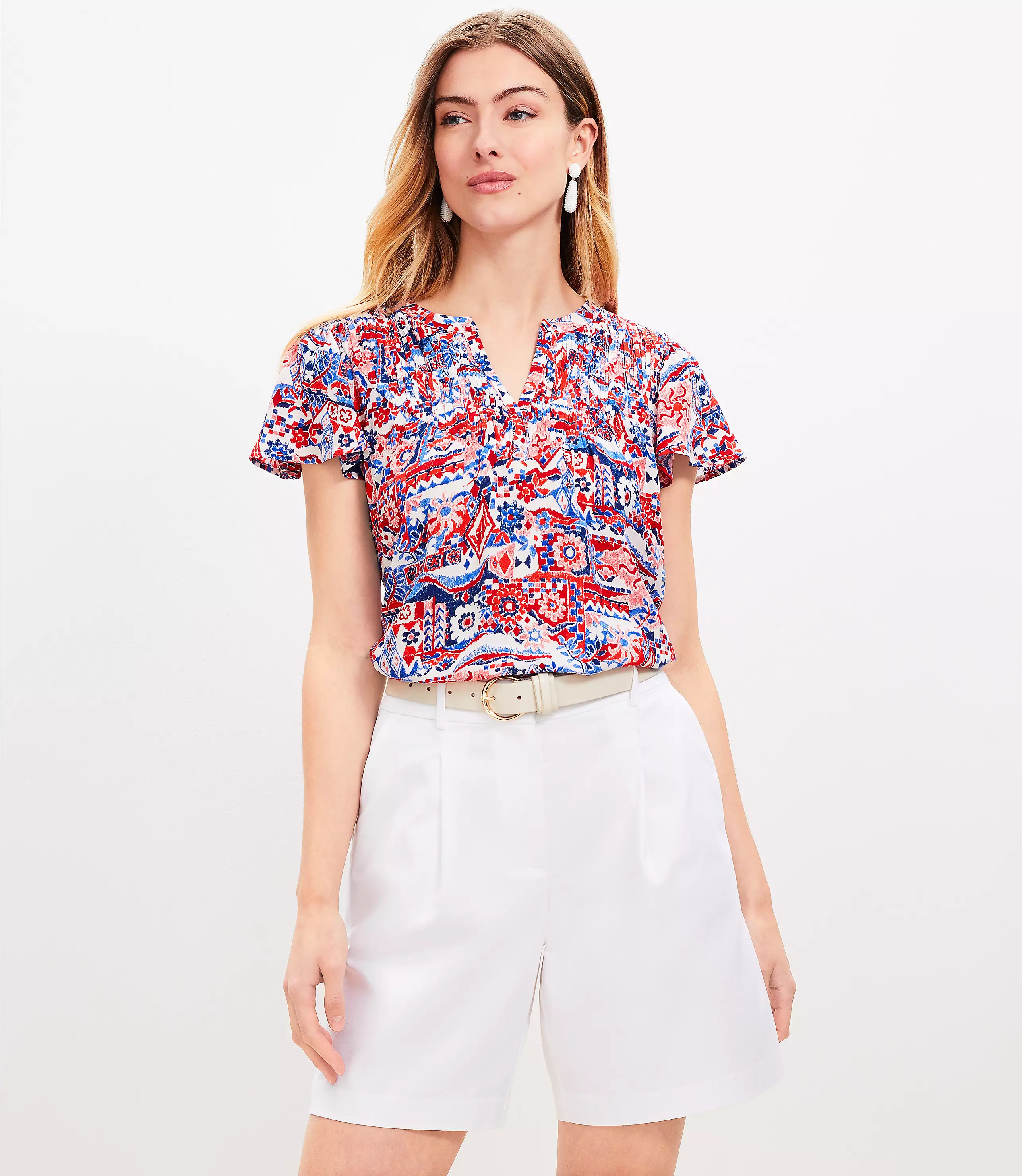 Scribble Shirred V-Yoke Mixed Media Top | LOFT