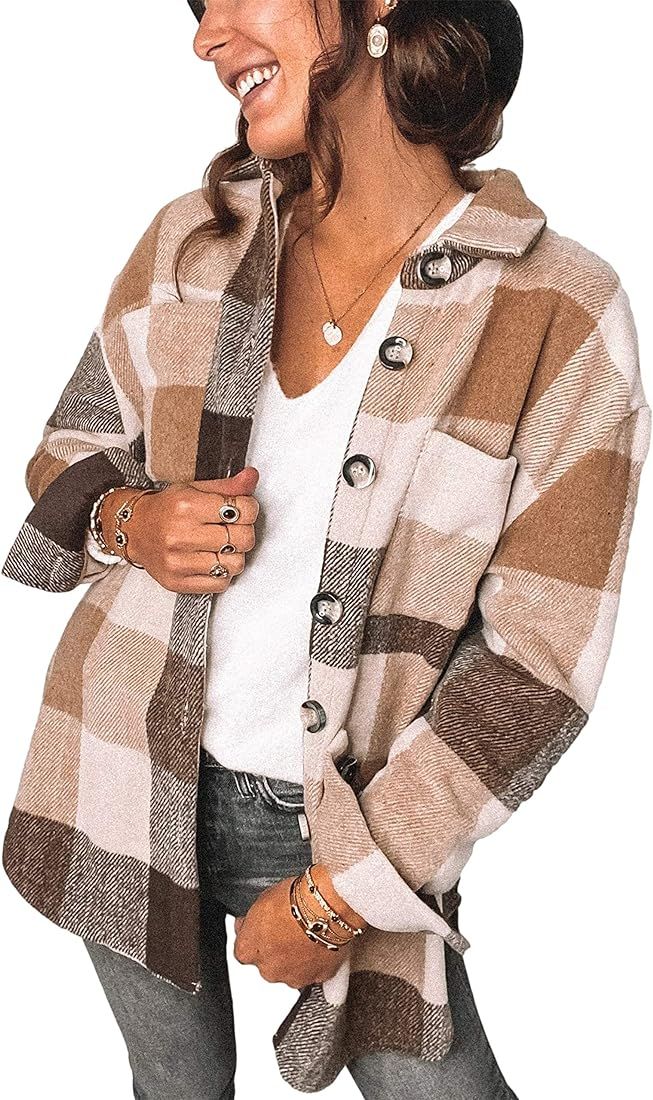 Lentta Plaid Shacket Jacket Womens Fall Fashion Button Down Flannel Jacket Shirt | Amazon (US)