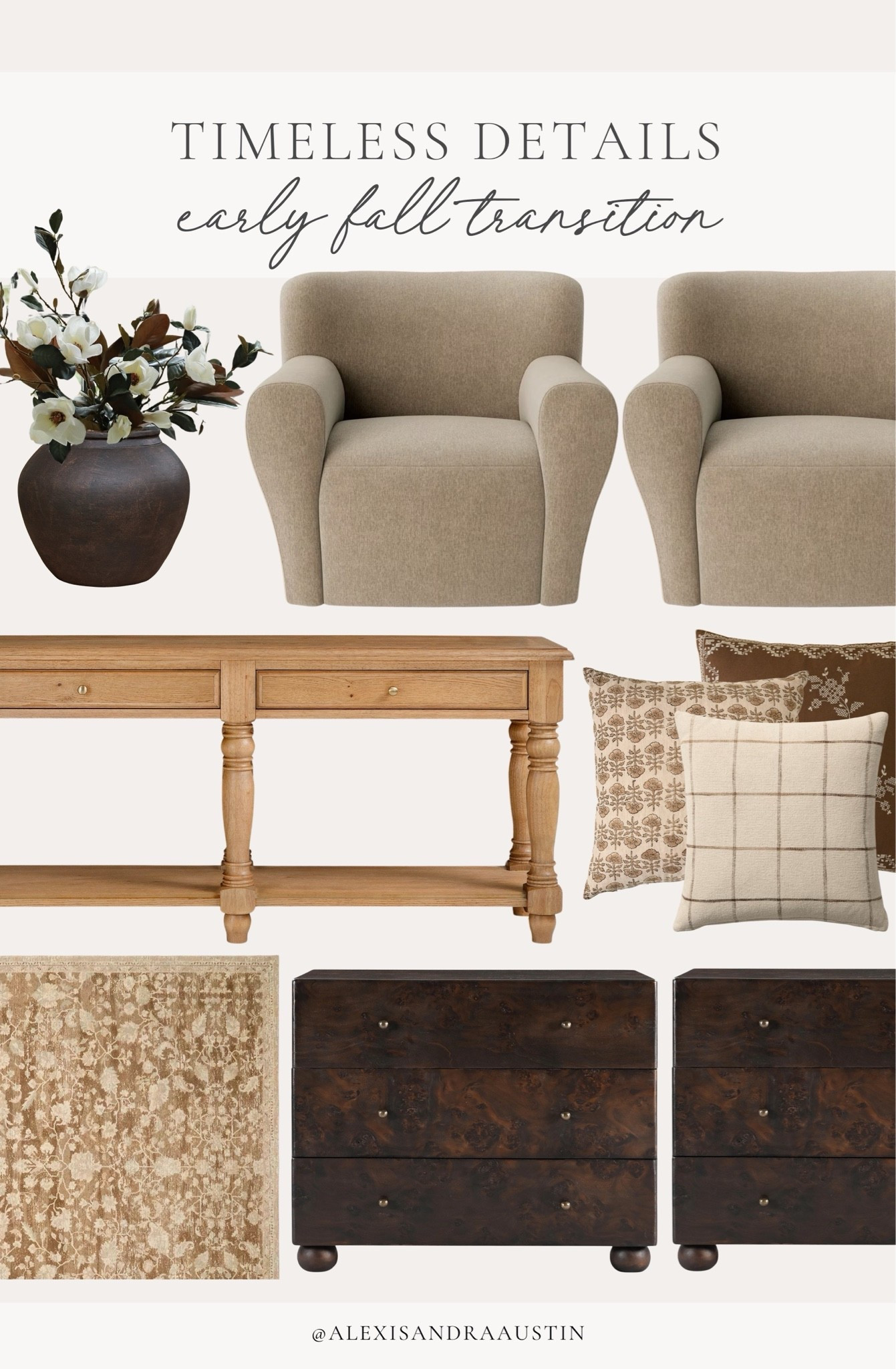 Timeless details featuring an early fall transition! Love these neutral and collected pieces that are perfect to incorporate for a seasonal refresh or year round.

Home finds, neutral home inspo, furniture favorites, timeless home inspo, collected style, accent chair, nightstand favorites, dark and moody, vintage style area rug, console table, neutral wood tones, cozy throw pillow, faux florals, fall florals, Wayfair, Afloral, Magnolia Home,